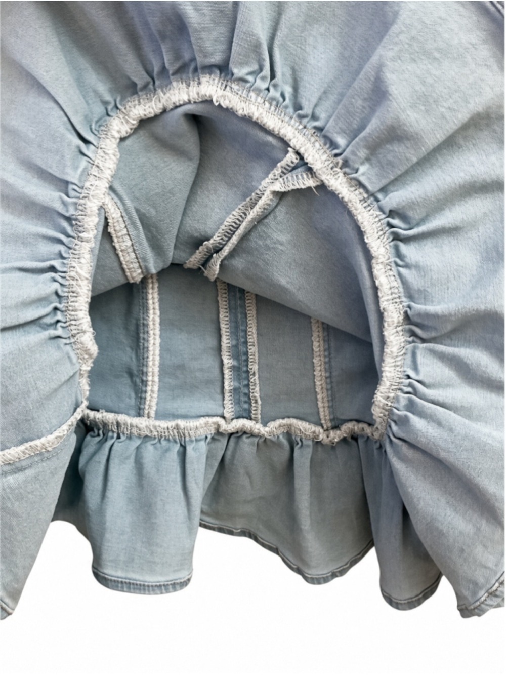 The Vintage Shop Blue Stretch Denim Lace Trim Ruffle Mini Dress Sweetheart L - Picture 12 of 14
